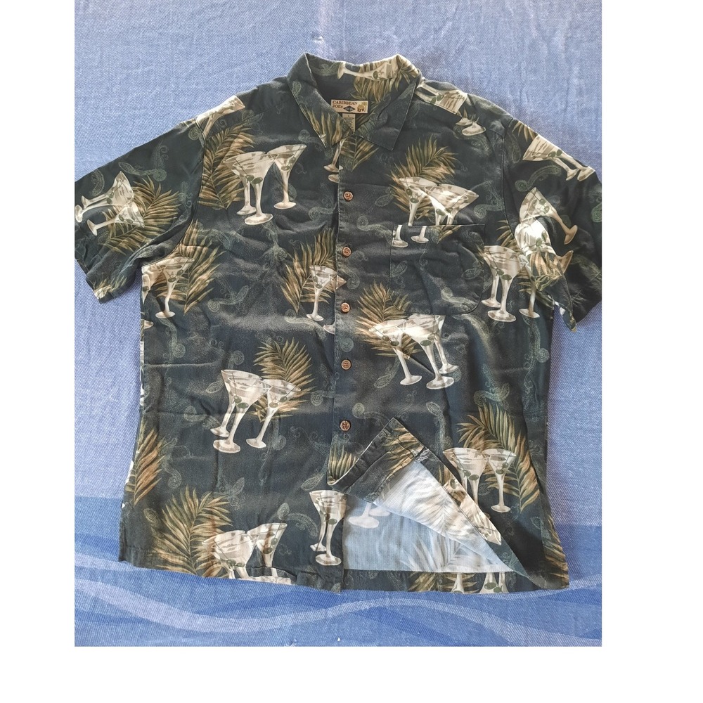 Caribbean Joe Men Large All Over Martini Palm Tropical Rayon Button Shirt Green
